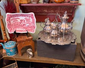 red and white platter, vintage silver tea set and serving tray