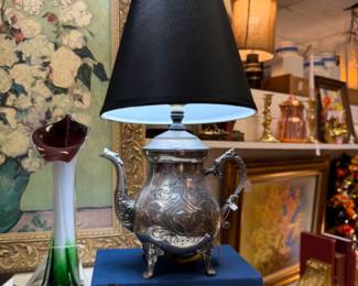 Teapot Lamp, vintage books, jack in the pulpit vase