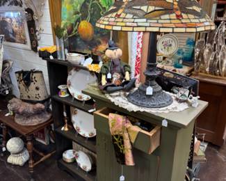tiffany style lamp with stained glass, furniture and china