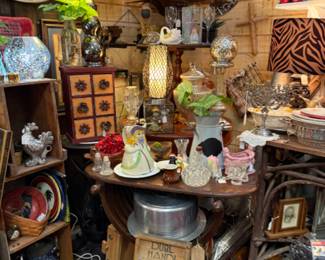 beautiful trays, figurines, metal cake holder, wash board