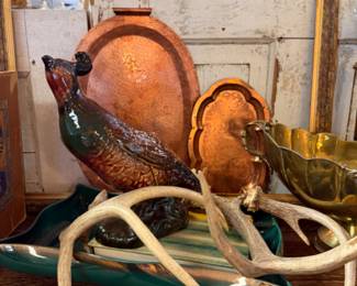 Beautiful quail figurine would make a gorgeous Thanksgiving table or vignette in your home, antlers, copper trays, brass planters