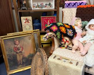 framed art, vintage suitcase, dolls and more