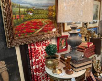 beautiful oil painting, decor and vintage books, small end table and more
