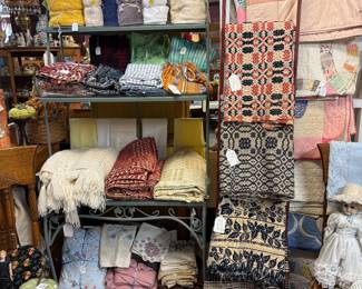 Wonderful vintage overshot woven fabric, throws and blankets. Quilts, towels, linens, sets, African fabric etc.