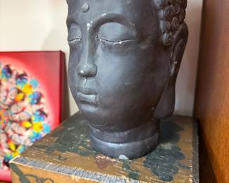 Buddha and vintage wooden box with carving 
