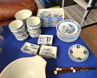 Blue and white dinnerware.