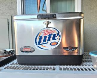 Coleman steel cooler w/Miller & Harley Davidson logos.