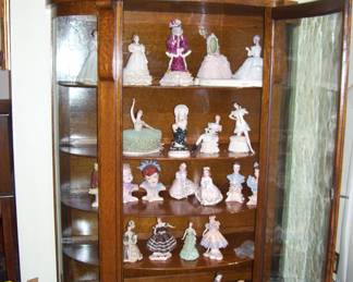 ANTIQUE CURIO CABINET AND PORCELAIN PIECES BY GRANDMA