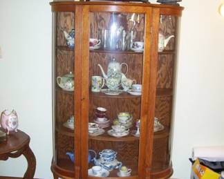 VTG. CURIO CABINET - VINTAGE SESSIONS CLOCK - TEA CUPS - ETC