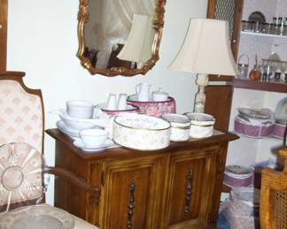 SMALL BUFFET WITH MARBLE TOP - MARBLE LAMP -ORNATE MIRROR - NORITAKE WHITEBROOK CHNA MADE IN JAPAN SET - ETC