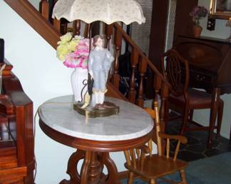 MARBLE TABLE AND CERAMIC LAMP MADE BY GRANDMA