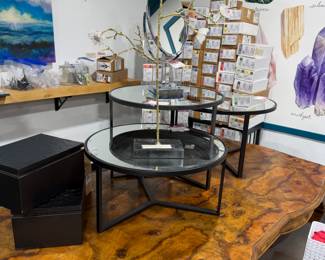 Metal and glass coffee tables and vintage burl wood dining table