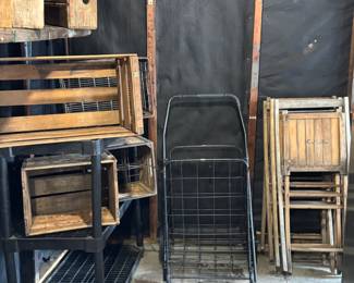 Laundry Cart and Vintage Wood Folding Chairs