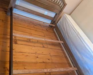 $25 Thomasville Solid Wood Full Size Bed Frame, Circa 1967
With arched spindle headboard, siderails and footboard.
Width: 60 in.; headboard height 43 in.; footboard height: 17 in.; space between floor and side rail: 6 ¼ in.