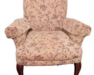 $100 Queen Anne Style Armchair
With serpentine back, raised on cabriole legs, upholstered in mauve and pink flowering vines on tan ground with armrest covers.
32 x 26 x height 37 in.
Acquired circa 2010 from Seaside Furniture.