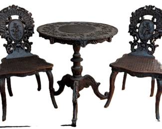 $500 German Black Forest Carved Linden Wood or Oak Side Table w/ Pair of Hall Chairs, c1900s, Table: 25 x 25 ½ x height 29 in.; Chairs: 17 ¾ x 16 x height 34 ½ in. For additional photos see: https://www.facebook.com/marketplace/item/1862213334701381/