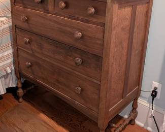 $50 American Farmhouse Stained Wood Dresser
With two short drawers over three graduated long drawers, carved legs joined by H-stretcher.
39 x 20 ¼ x height 43 ¾ in.
