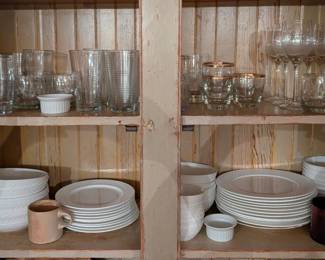 $50 Mikasa “Trellis” Bone China Dinner Service for 10, includes 10 dinner plates, 10 lunch plates, 16 bowls dia. 8 in, 7 bowls dia. 6 ¼ in. 7 bowls dia. 4 ½ in., all with basketweave borders. Still in production. (approx. 58 pieces) and assorted glassware which is probably $1 each or something.