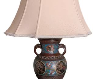 $250 Japanese Champleve Enamel Bronze Urn / Vase, Mounted as a Table Lamp, Early 20th Century
Of baluster vase-form with two animal head handles, on circular wood base.
Height overall: 25 in.; diameter of base: 8 in.; height of vase: 13 in. Acquired at Stair Galleries auction in Hudson, NY circa 2009.