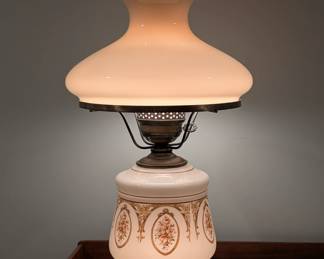 $40 VTG Three-Way Hurricane Parlor Table Lamp (aka Gone with the Wind Lamp), Circa 1970s
Ruffled glass top shade surrounds clear glass chimney; over flower painted glass body set on cast iron base. In good working order.
Height: 21 in.; diameter of glass shade: 10 ½ in.