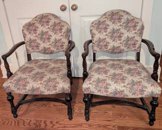 $150 Pair of American Mahogany Open Armchairs, Circa 1930
The seats and chairbacks upholstered in floral woven fabric on tan ground.
25 ½ x 23 x height 35 in.