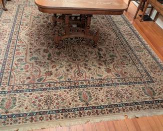 $150 Karastan Samovar Wool Carpet
Underside corner with label
In the Tabriz pattern with center medallion, in tones of dark green, red flowers on tan ground, with cotton fringe.
8 ft. 8 in. x 10 ft.
Acquired at Einstein Moomjy Carpets, Paramus, NJ circa 2008