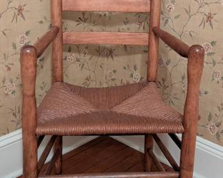 $75 American Shaker Oak Open Armchair
Late 19th / early 20th century
The three-slat ladder back above rush seat, legs joined by double-box stretchers.
21 x 17 x height: 39 in.