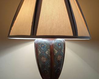 $150 Japanese Champleve Enamel Bronze Table Lamp, Early 20th Century
Of lobed baluster form enameled with floral trellis pattern in turquoise blue, red and pale yellow.
Height overall: 29 in.; diameter of base: 8 in.; height of lamp: 16 in.
Acquired at Stair Galleries auction in Hudson, NY circa 2009.