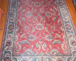 $100 Karastan Ashara Wool Carpet
Underside corner with label
In the Agra pattern, tan flowers on rust red ground.
5 ft. 9 in. x 9 feet
Acquired at Einstein Moomjy Carpets, Paramus, NJ circa 2008