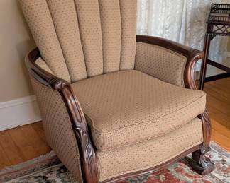 $400 French Art Deco Mahogany Bergére or Club Chair, Circa 1930’s
The arched channel-seatback leading to rounded and everted mahogany armrests carved with leaf motif; the front legs with acanthus leaf carving ending in scroll carved block feet; upholstered in red dots over tan checked plaid fabric.
Width: 34 in.; depth: 32 in.; height: 40 in.; seat height: 17 ½ in.
Reupholstered circa 2008, fabric in excellent condition.