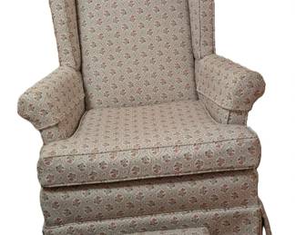 $100 American Wingback Armchair and Footstool
Upholstered in floral trellis patterned fabric on off-white ground, with small matching upholstered footstool.
Chair: 31 x 30 x height 43 ¼ in.
Stool: 13 ½ x 10 x height 7 ¼ in.