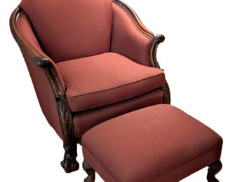 $500 French Art Deco Mahogany Bergere or Club Chair, Circa 1930’s
The arched seatback framed by rounded and everted mahogany armrests carved with leaf motif; the front legs with acanthus leaf carving ending in scroll carved block feet. Together with matching ottoman with carved mahogany feet.
Chair: width 35 in.; depth: 32 in.; height: 38 in.; height of seat: 19 ½ in.; Ottoman: 22 ½ x 16 ½ x 13 in.
Reupholstered circa 2008, fabric in excellent condition