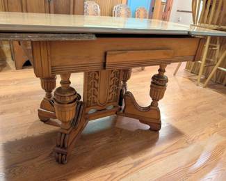 Detail of same VTG Eastlake Carved Oak Dining Table. For more photos see: https://www.facebook.com/marketplace/item/1862213334701381/