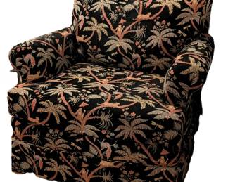 $75 Kincaid Custom Upholstered Club Armchair
Label under seat cushion for Dr. Kincaid Chair Co., Lenoir, NC
Upholstered with Chinoiserie pictorial fabric woven with green palm trees, exotic birds, monkeys and tigers on black ground.
38 x 40 x height 32 in.
Acquired circa 2010 from Seaside Furniture