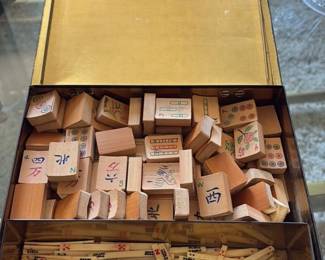 Vintage Mahjong Set with Wooden Tiles and Bone/Bamboo Racks