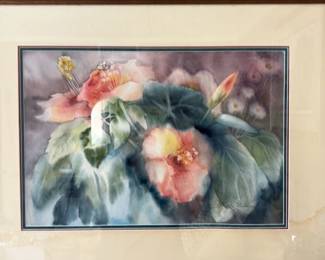 Framed Watercolor Painting of Hibiscus Flowers