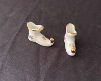 Pair of Miniature Porcelain Shoes with Floral Decoration and Gilt Trim 