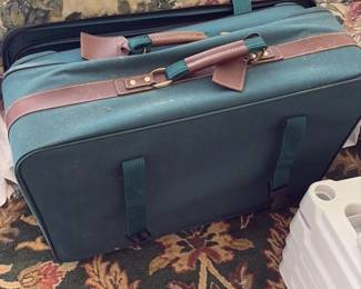 Vintage Green Canvas and Leather Trim Suitcase
