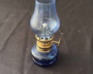 Miniature Blue Glass Oil Lamp 