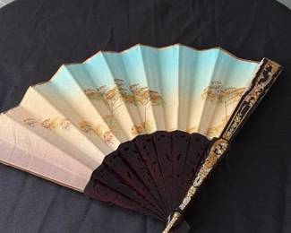 Antique Folding Fan with Painted Scene and Gilt Metal Mounts 