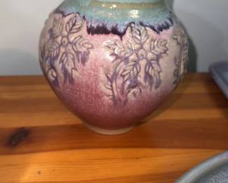 Vintage Ceramic Vase with Embossed Floral Design 