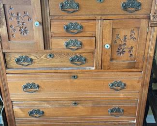 Antique Oak Dresser with Carved Floral Accents