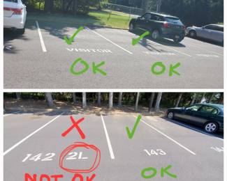 Parking instructions, you may park in a visitor spot or a spot that just has a number. Do NOT park in a spot that includes a letter. 