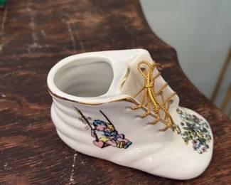 Vintage Porcelain Shoe Figurine with Floral and Figural Decorations