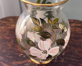 Hand-Painted Floral Glass Vase with Gold Rim