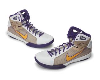2018
Kobe Bryant Autographed Nike Hyperdunk Promo Sample Shoes
A pair of Nike Promo Sample shoes in white leather and purple trim, each with "24" and signature in black ink to ankles
2 pieces
Size: M 14 #
The right shoe accompanied by a Certificate of Authenticity from JSA/James Spence Authentication, No. ZZ67249
The left shoe accompanied by a Certificate of Authenticity from JSA/James Spence Authentication, No. ZZ67248
Estimate: $2,000 - $3,000