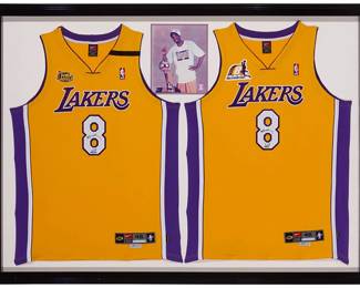 2004
Kobe Bryant Lakers 1999-2000 Finals and Championship Framed Jerseys
Comprising two signed gold jerseys, including a 1999-2000 autographed NBA gold jersey with Finals patch, Edition 1/108, with tag to front: BAG 60342, and a 1999-2000 autographed NBA gold jersey with Championship patch, Edition 2/88, with tag to front: BAG 60647, as well an accompanying photograph, all professionally mounted and framed under plexiglas, and with two original Upper Deck boxes
3 pieces
Each: Size 46, length + 4
Finals jersey accompanied by a Certificate of Authenticity issued by Upper Deck Authenticated, numbered BAG 60342, with matching holographic tag to item.
Championship jersey with Upper Deck holographic tag to front: BAG 60647.
Estimate: $4,000 - $5,000