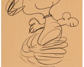 2091
Charles Schulz
(1922-2000)
Snoopy dancing
Grease pencil on thin, beige, wove paper
Signed lower left: Schulz
Sheet: 36" H x 24" W
Estimate: $1,000 - $1,500