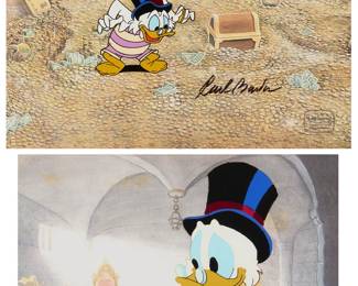 2098
Two hand-painted animation cels from the Walt Disney television series "DuckTales"
Two works:
Carl Barks (1901-2000)
Scrooge McDuck inside a treasure-filled bank vault
Hand-painted animation cel
Signed lower right of center: Carl Barks; with the silver Walt Disney certification seal in the lower right corner
Sight: 9" H x 11.5" W
Untitled, Scrooge McDuck
Hand-painted animation cel
Appears unsigned
Sight: 8.5" H x 10.75" W
Estimate: $300 - $500