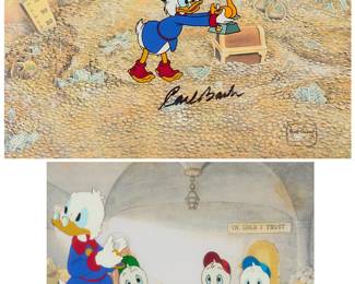 2096
Two hand-painted animation cels from the Walt Disney television series "DuckTales"
Two works:
Carl Barks (1901-2000)
Scrooge McDuck holding a golden duck statue
Hand-painted animation cel
Signed on the Celluloid, lower center: Carl Barks; with the silver Walt Disney certification seal in the lower right corner
Sight: 8.375" H x 11.625" W
Scrooge McDuck with Huey, Dewey, and Louie
Hand-painted animation cel
Appears unsigned
Sight: 7" H x 9" W
Estimate: $300 - $500